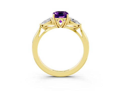 Yellow gold Emerald Cut Amethyst Three-Stone Ring with Pear Side Stones and Four-Prong Setting_15