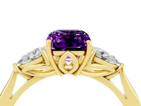 Yellow gold Emerald Cut Amethyst Three-Stone Ring with Pear Side Stones and Four-Prong Setting_16
