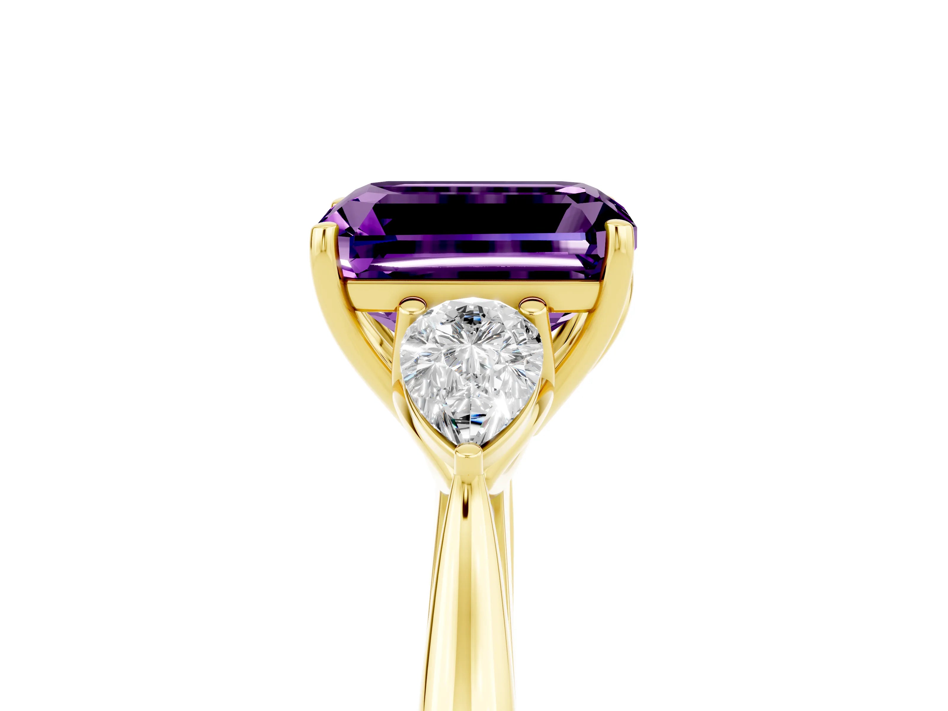 Yellow gold Emerald Cut Amethyst Three-Stone Ring with Pear Side Stones and Four-Prong Setting_17
