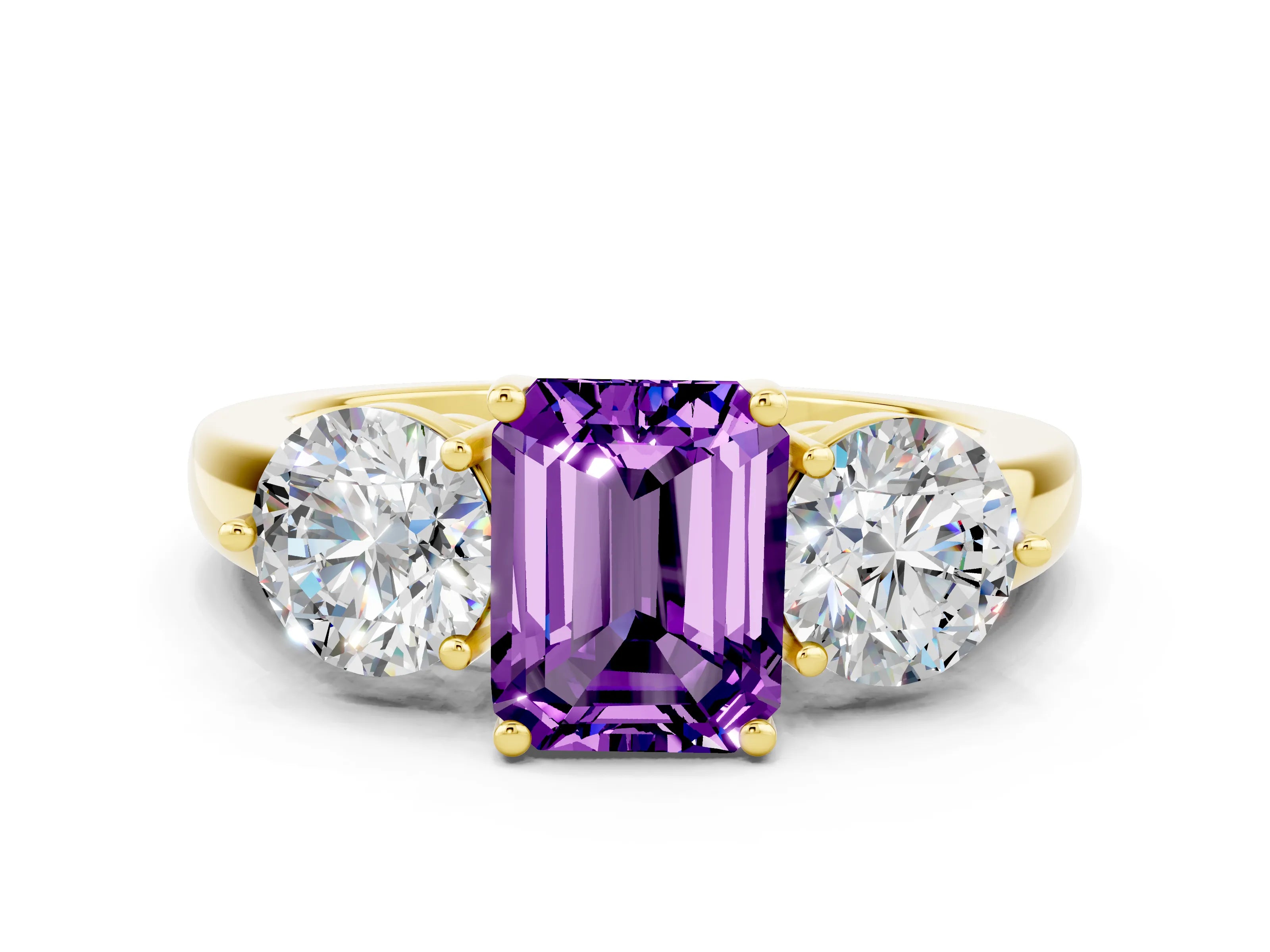 Yellow gold Emerald Cut Amethyst Three-Stone Ring with Prong Setting and Classic Band