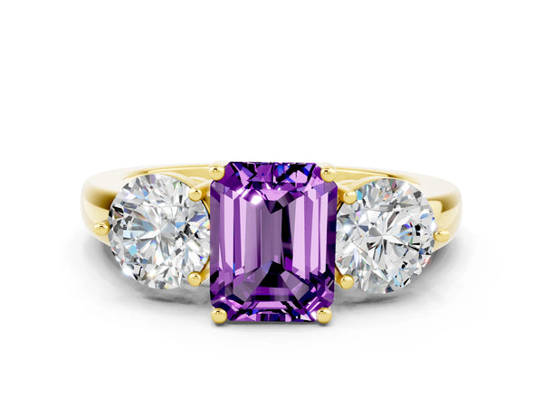 Yellow gold Emerald Cut Amethyst Three-Stone Ring with Prong Setting and Classic Band