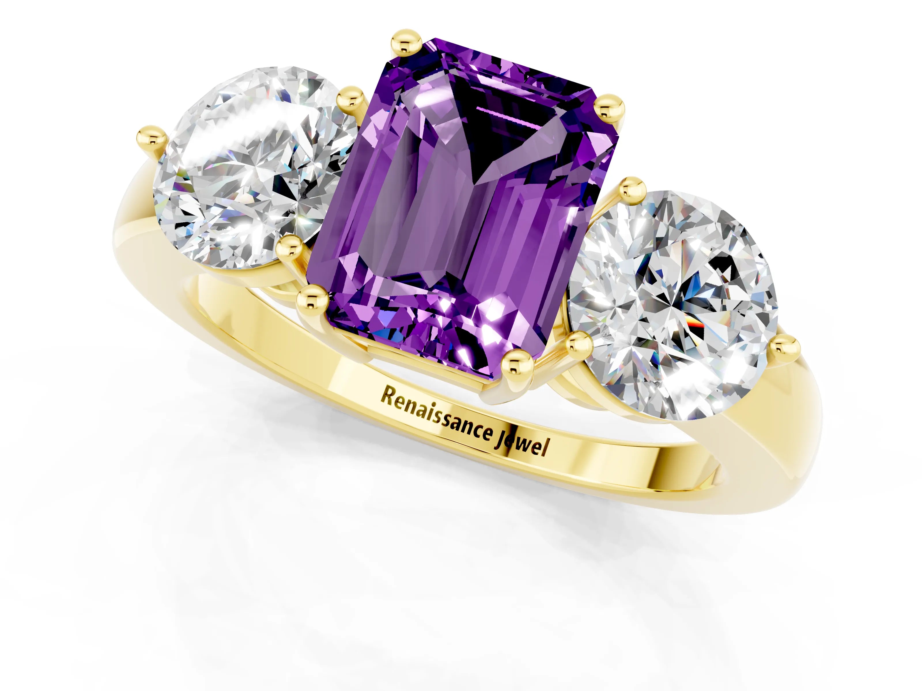Yellow gold Emerald Cut Amethyst Three-Stone Ring with Prong Setting and Classic Band_1