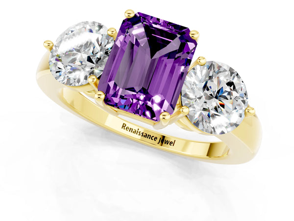 Yellow gold Emerald Cut Amethyst Three-Stone Ring with Prong Setting and Classic Band