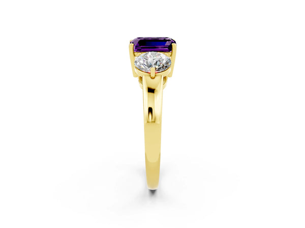 Yellow gold Emerald Cut Amethyst Three-Stone Ring with Prong Setting and Classic Band
