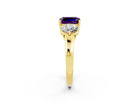 Yellow gold Emerald Cut Amethyst Three-Stone Ring with Prong Setting and Classic Band_2