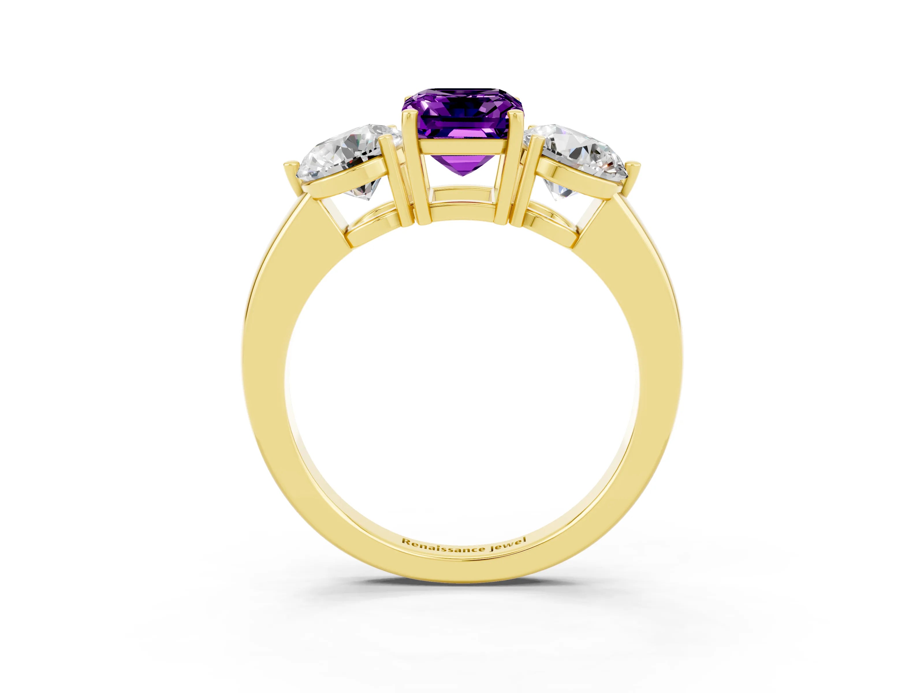Yellow gold Emerald Cut Amethyst Three-Stone Ring with Prong Setting and Classic Band_3