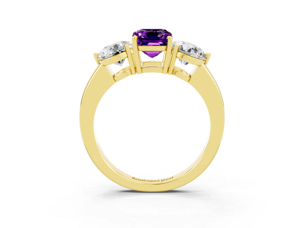 Yellow gold Emerald Cut Amethyst Three-Stone Ring with Prong Setting and Classic Band