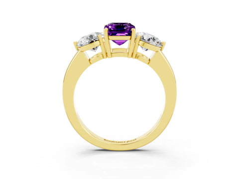 Yellow gold Emerald Cut Amethyst Three-Stone Ring with Prong Setting and Classic Band_3