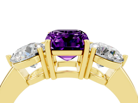 Yellow gold Emerald Cut Amethyst Three-Stone Ring with Prong Setting and Classic Band_4