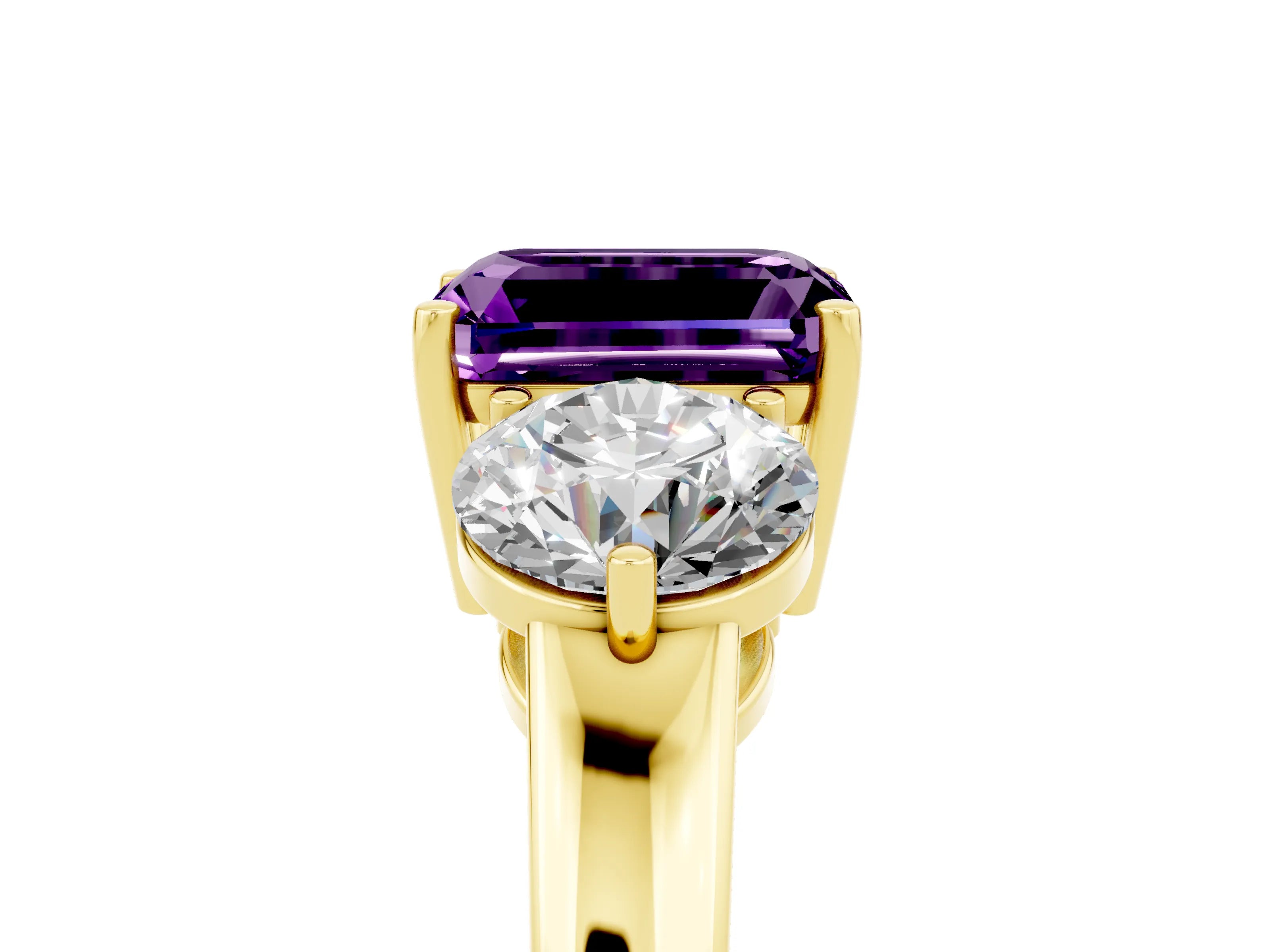 Yellow gold Emerald Cut Amethyst Three-Stone Ring with Prong Setting and Classic Band_5