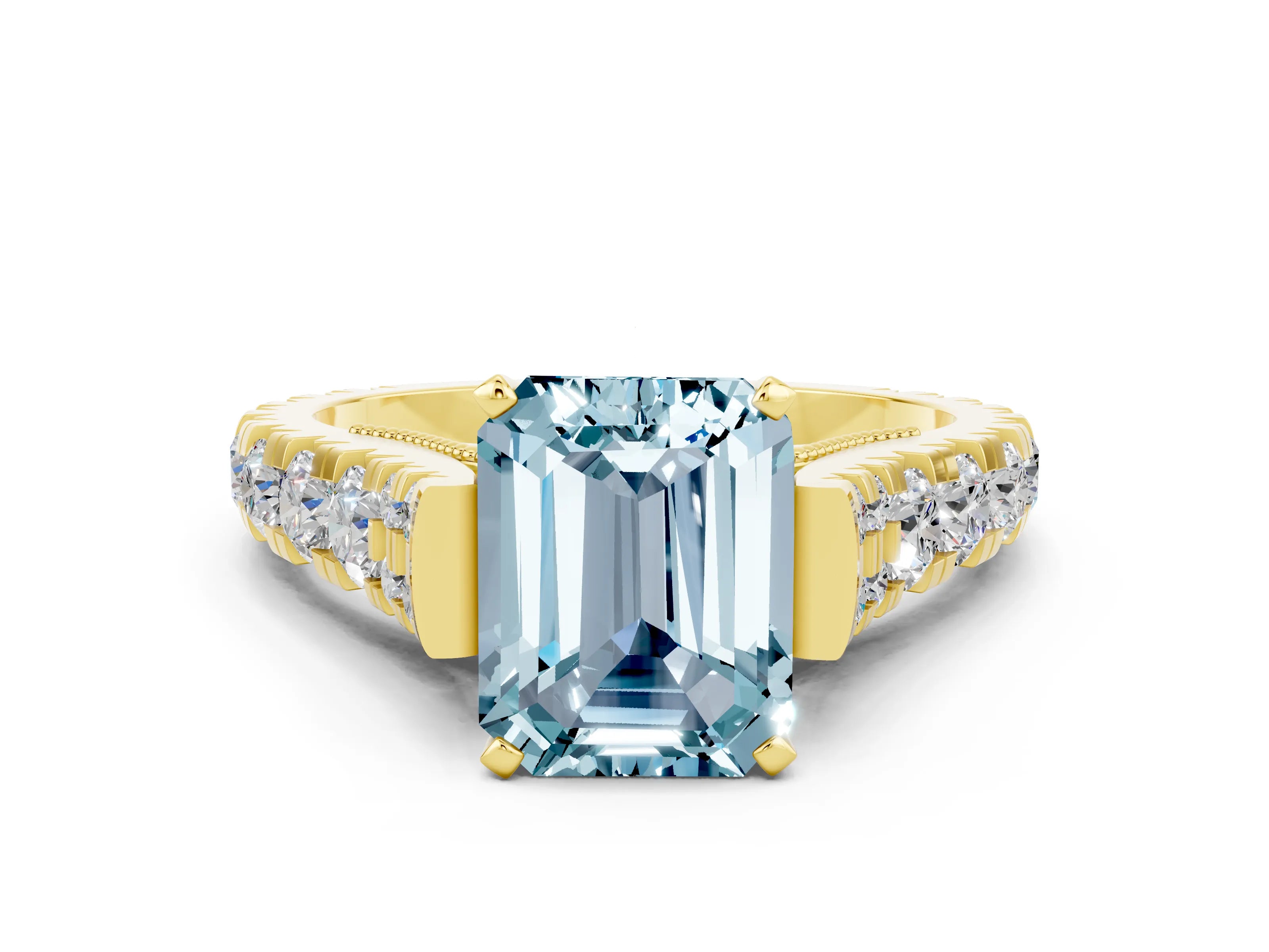 Yellow gold Emerald Cut Aquamarine Classic Solitaire Ring with Pavé Band and Four-Prong Setting