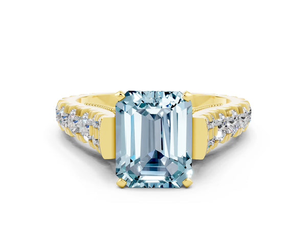 Yellow gold Emerald Cut Aquamarine Classic Solitaire Ring with Pavé Band and Four-Prong Setting