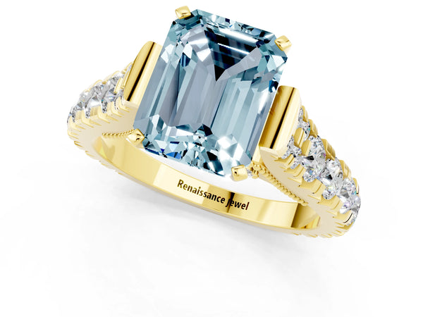 Yellow gold Emerald Cut Aquamarine Classic Solitaire Ring with Pavé Band and Four-Prong Setting