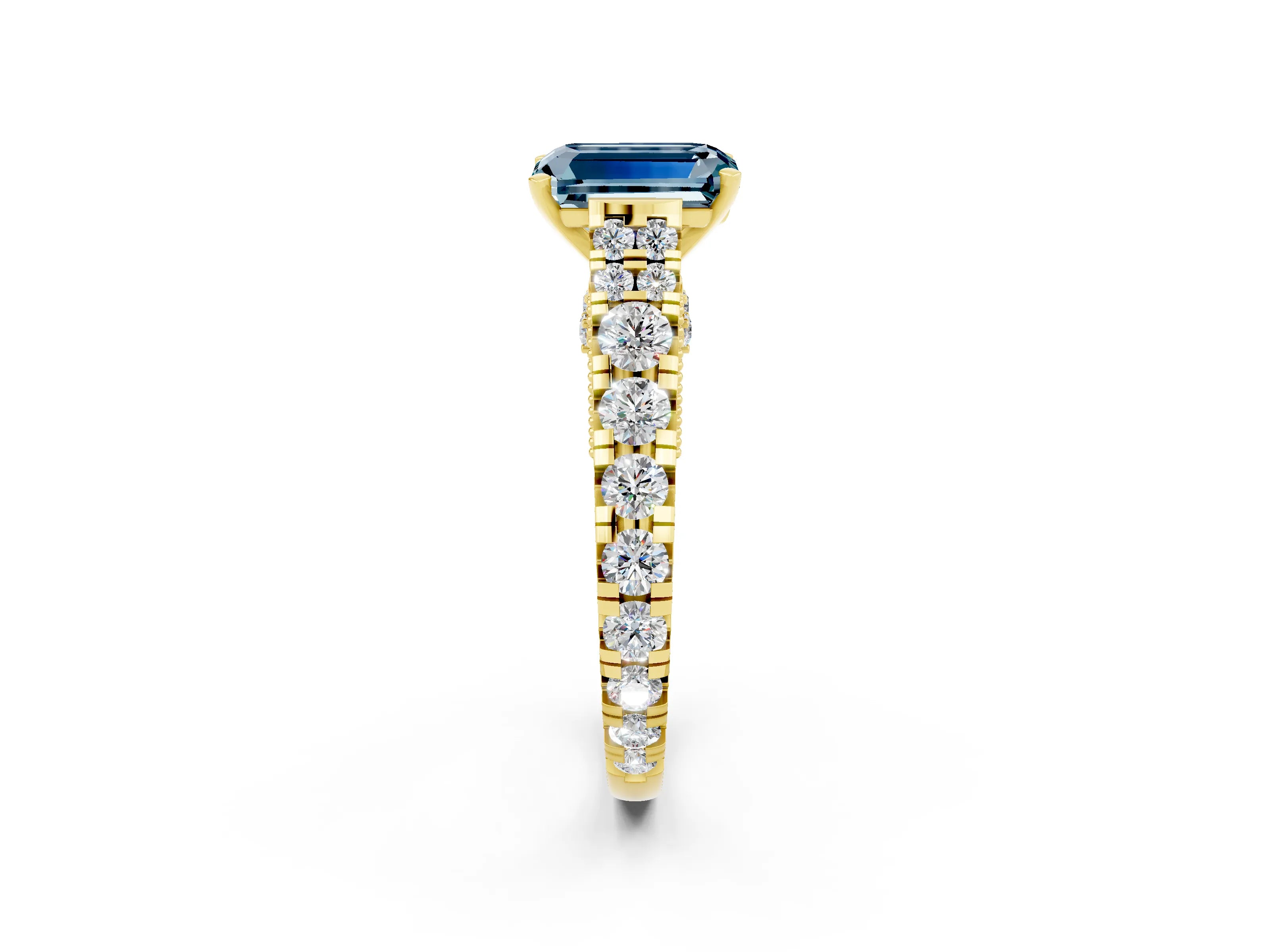 Yellow gold Emerald Cut Aquamarine Classic Solitaire Ring with Pavé Band and Four-Prong Setting_2