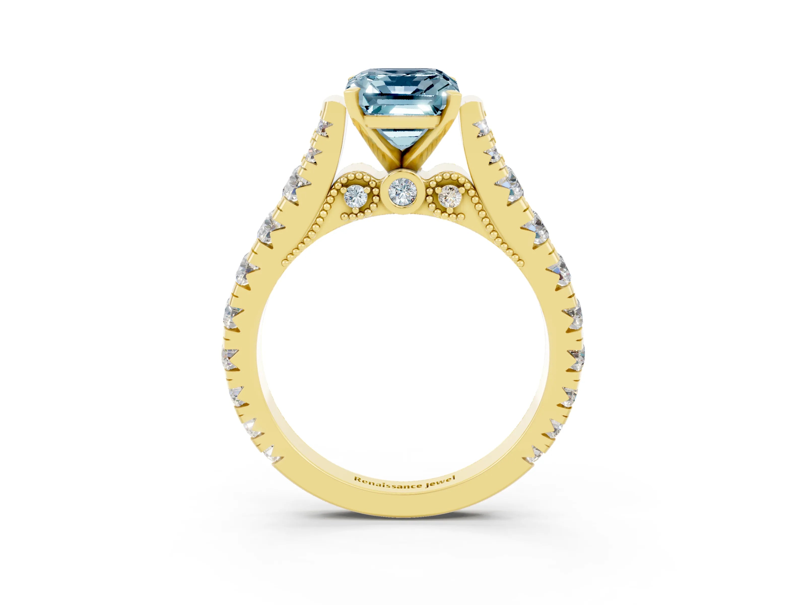Yellow gold Emerald Cut Aquamarine Classic Solitaire Ring with Pavé Band and Four-Prong Setting_3