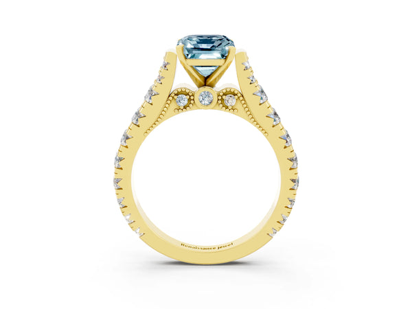 Yellow gold Emerald Cut Aquamarine Classic Solitaire Ring with Pavé Band and Four-Prong Setting