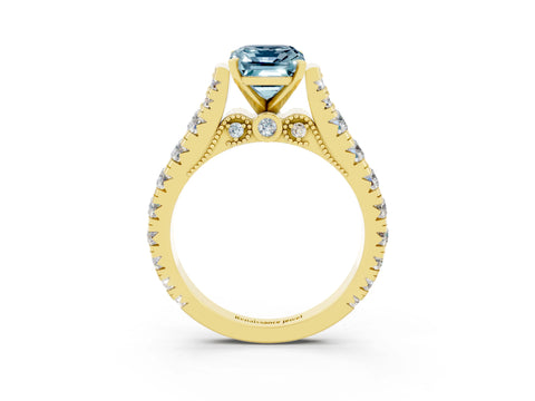 Yellow gold Emerald Cut Aquamarine Classic Solitaire Ring with Pavé Band and Four-Prong Setting_3
