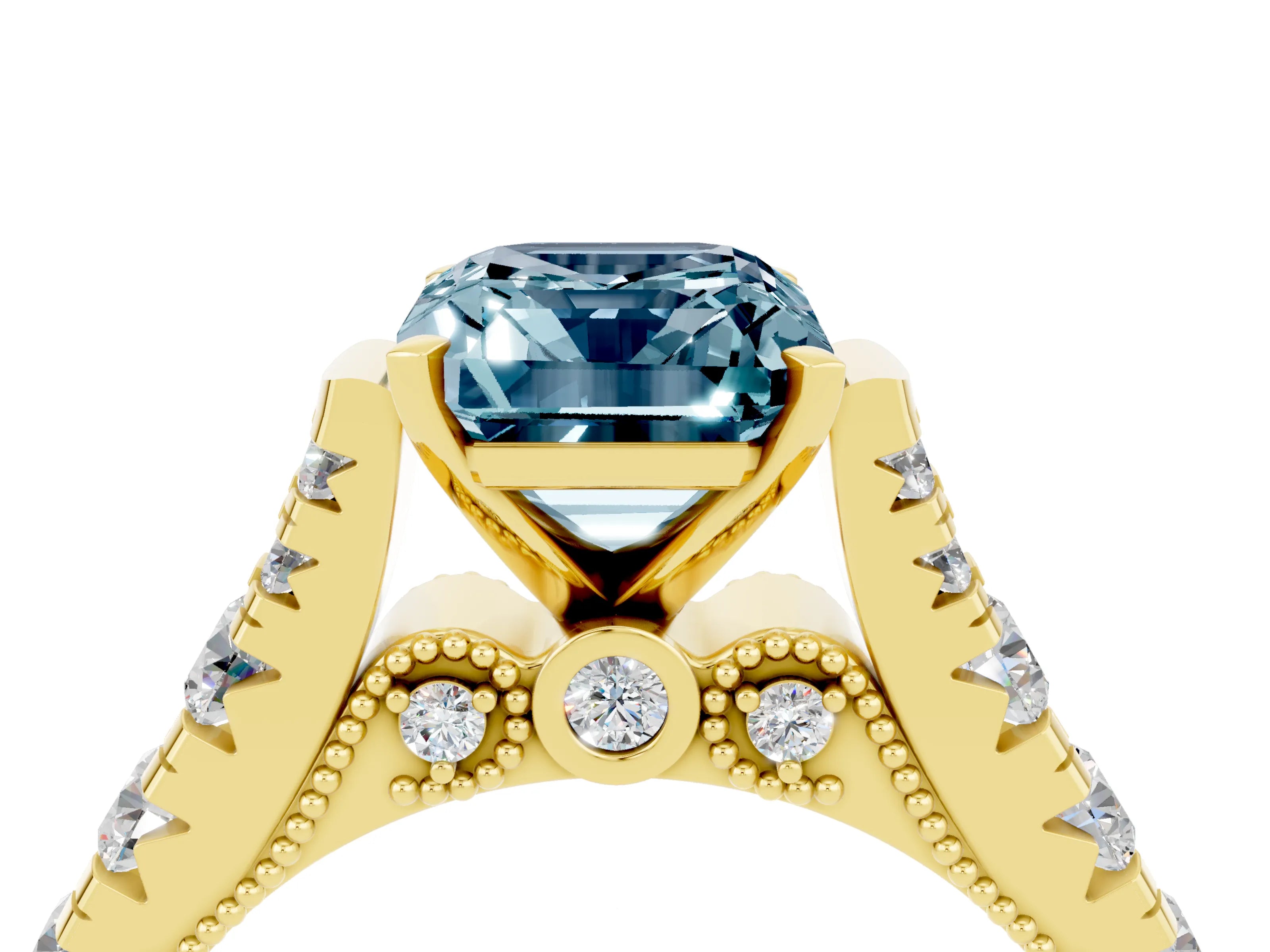 Yellow gold Emerald Cut Aquamarine Classic Solitaire Ring with Pavé Band and Four-Prong Setting_4