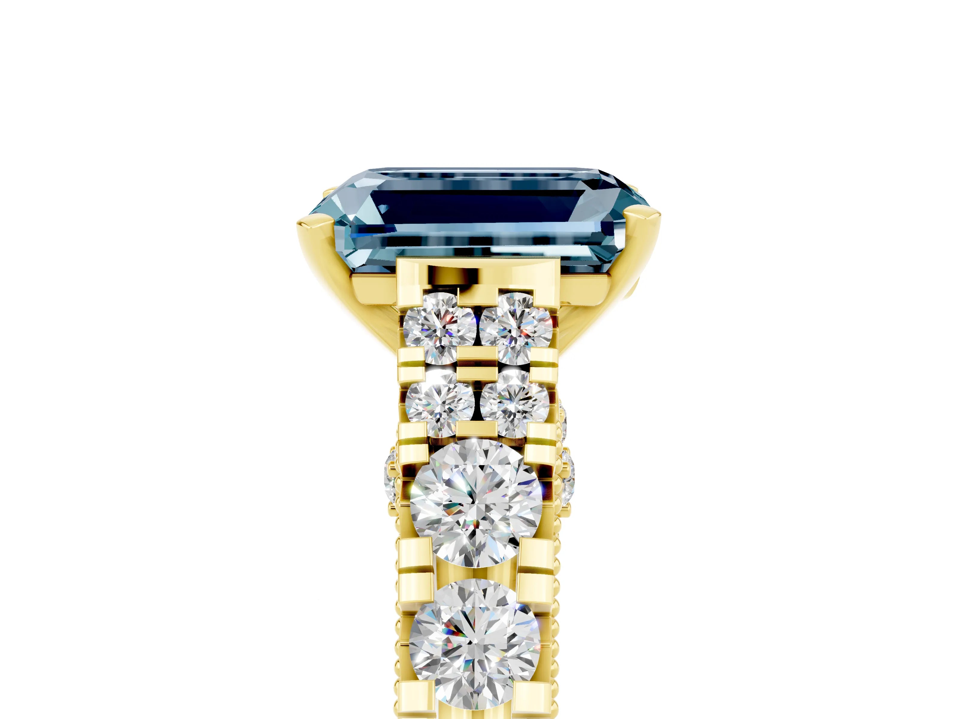 Yellow gold Emerald Cut Aquamarine Classic Solitaire Ring with Pavé Band and Four-Prong Setting_5