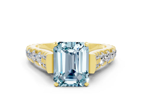 Yellow gold Emerald Cut Aquamarine Classic Solitaire Ring with Pavé Band and Four-Prong Setting