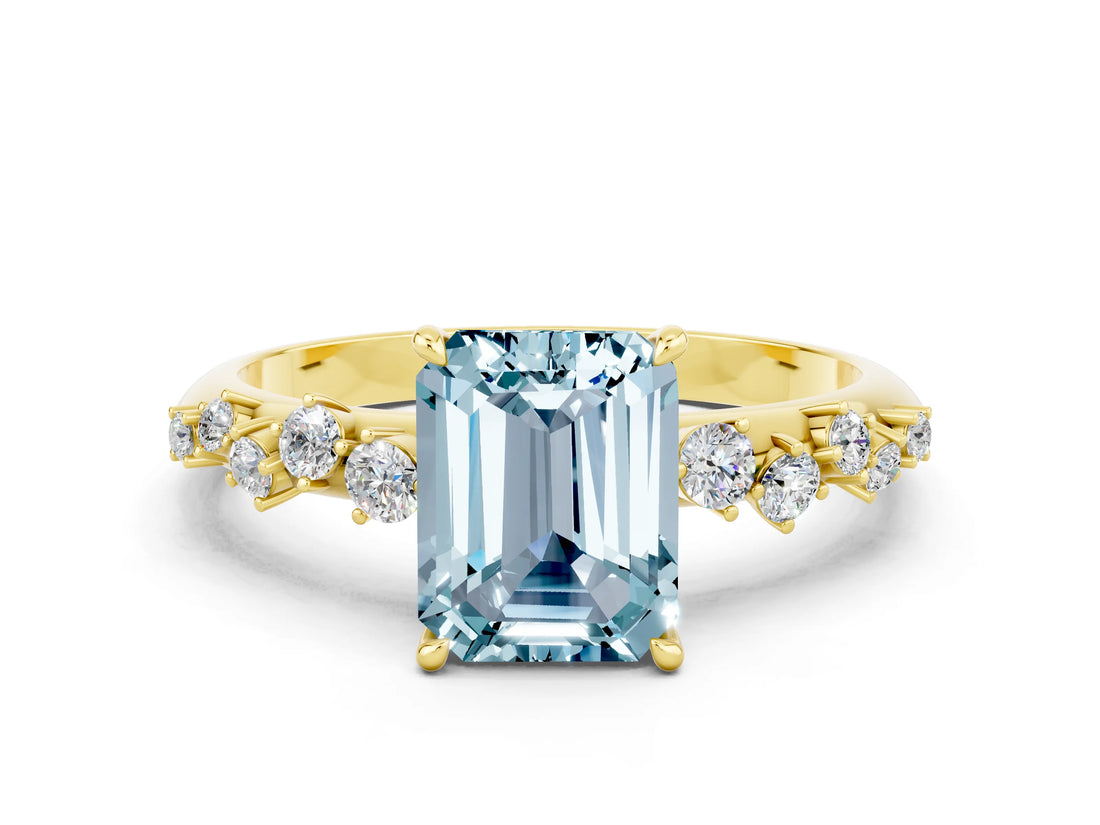 Yellow gold Emerald Cut Aquamarine Cluster Side Stone Solitaire Ring with Prong Setting_24