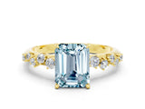 Yellow gold Emerald Cut Aquamarine Cluster Side Stone Solitaire Ring with Prong Setting_24