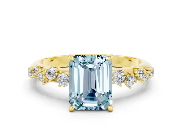Yellow gold Emerald Cut Aquamarine Cluster Side Stone Solitaire Ring with Prong Setting