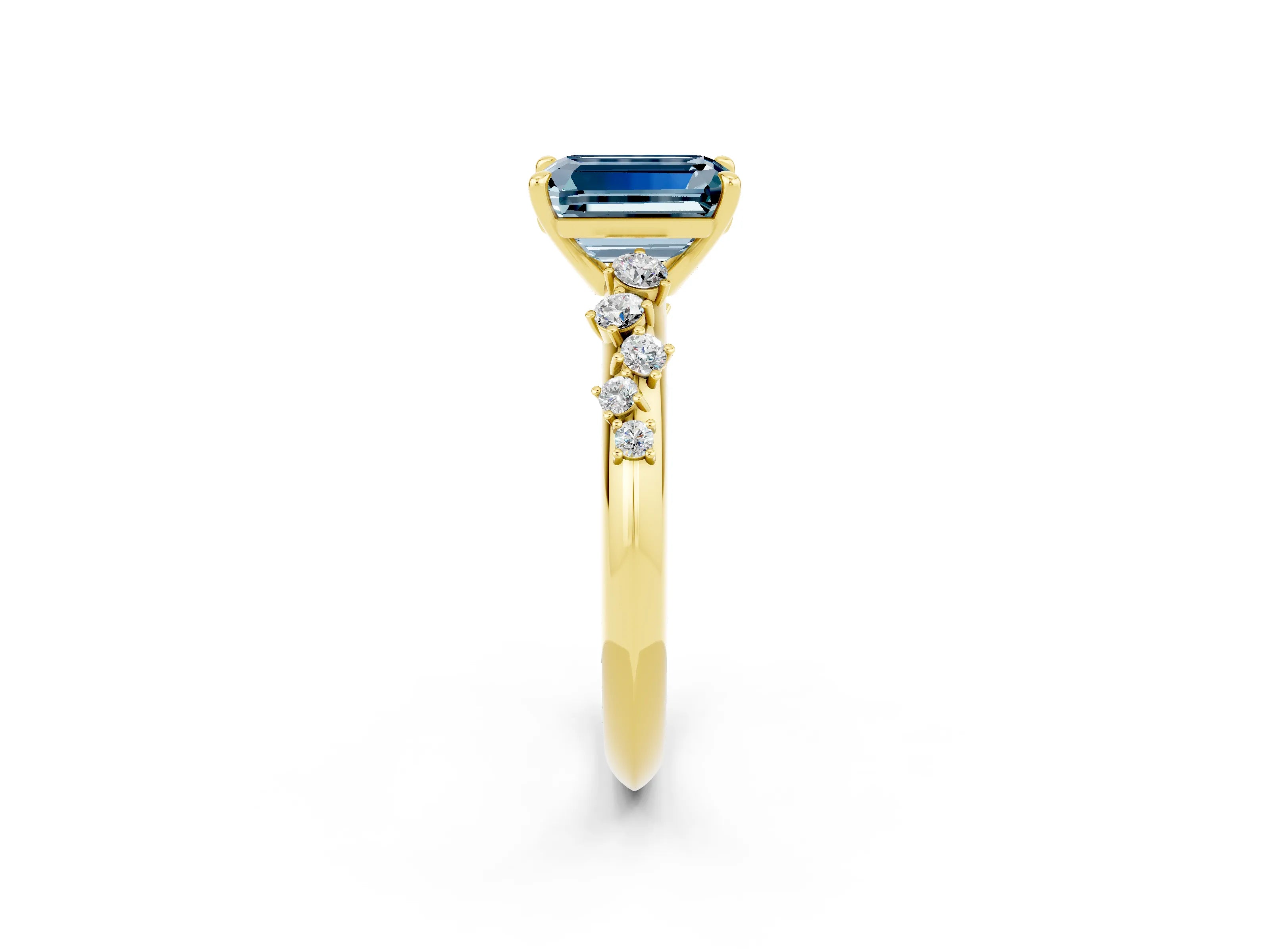 Yellow gold Emerald Cut Aquamarine Cluster Side Stone Solitaire Ring with Prong Setting_26