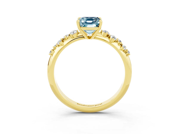 Yellow gold Emerald Cut Aquamarine Cluster Side Stone Solitaire Ring with Prong Setting