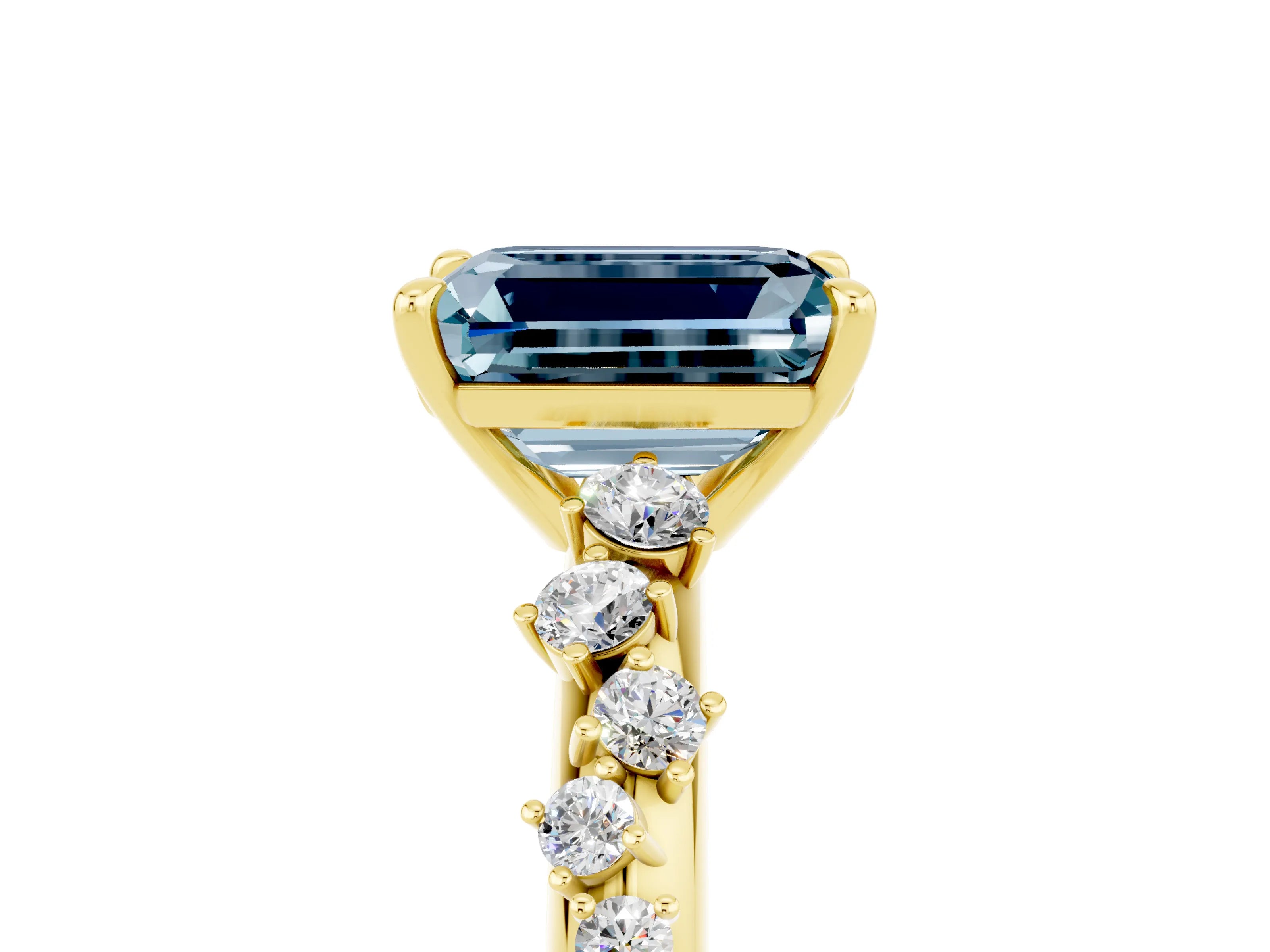 Yellow gold Emerald Cut Aquamarine Cluster Side Stone Solitaire Ring with Prong Setting_29
