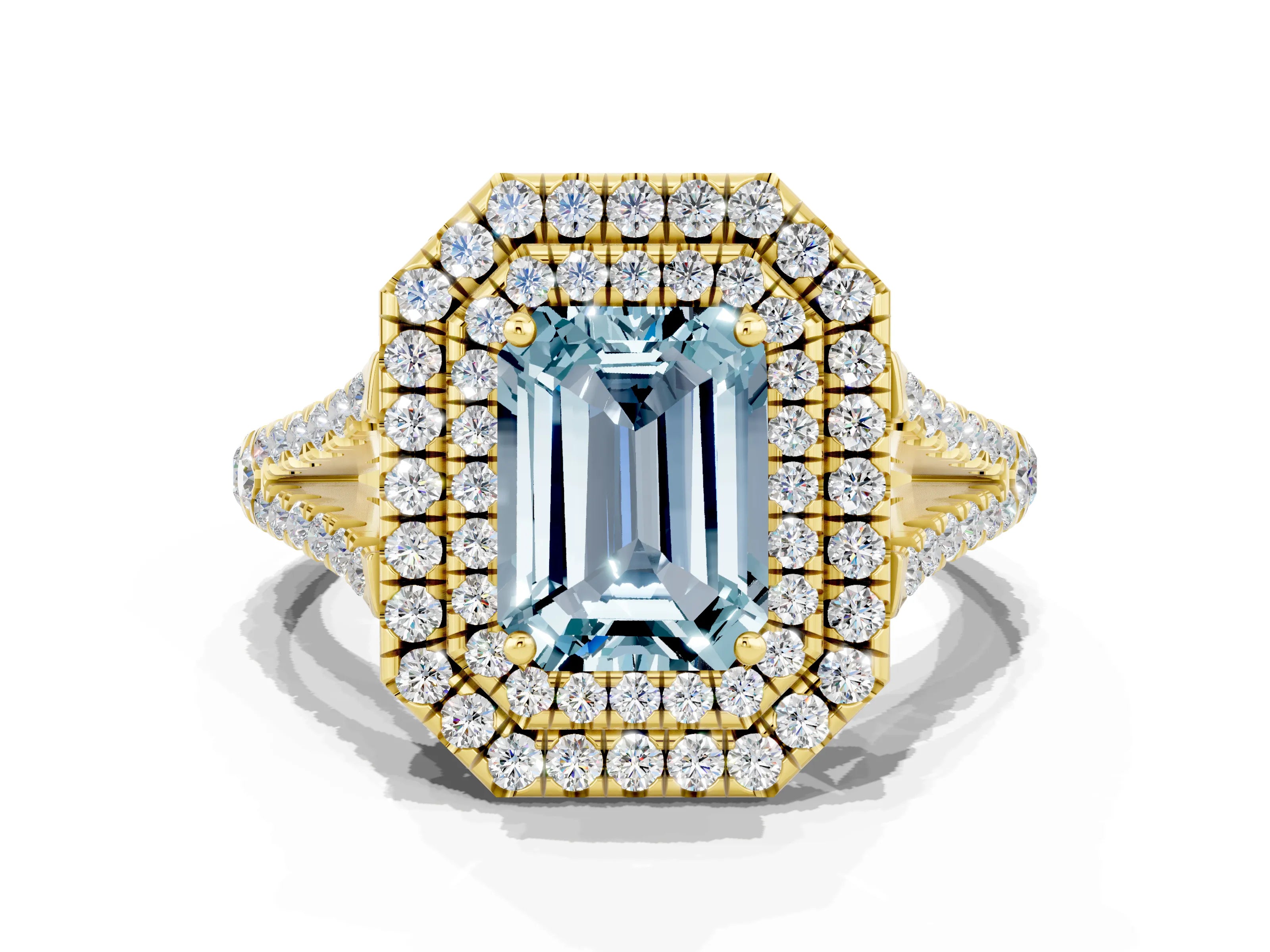 Yellow gold Emerald Cut Aquamarine Double Halo Ring with Pavé Band and Prong Setting_12