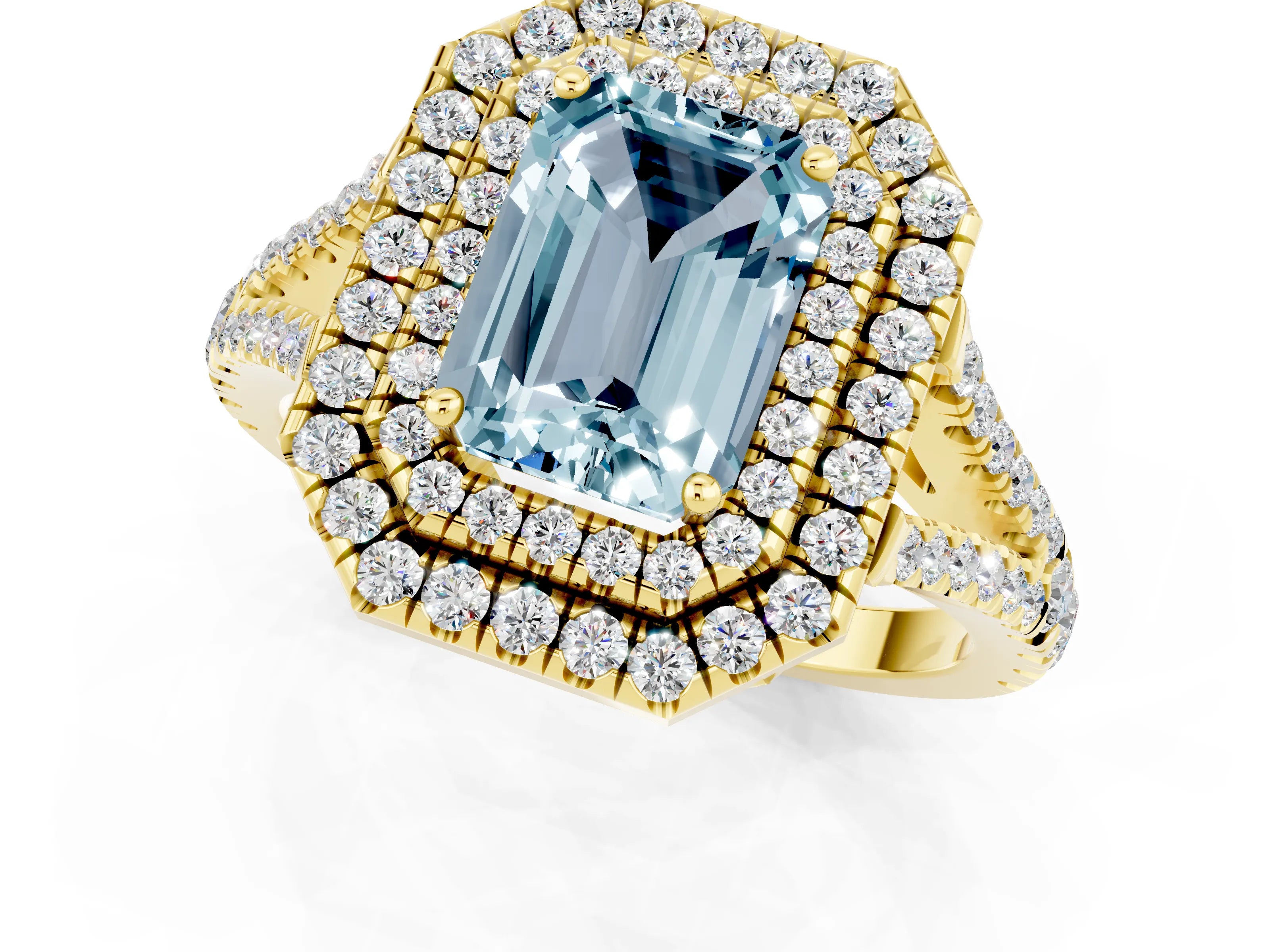 Yellow gold Emerald Cut Aquamarine Double Halo Ring with Pavé Band and Prong Setting_13