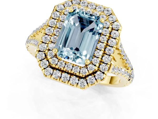 Yellow gold Emerald Cut Aquamarine Double Halo Ring with Pavé Band and Prong Setting