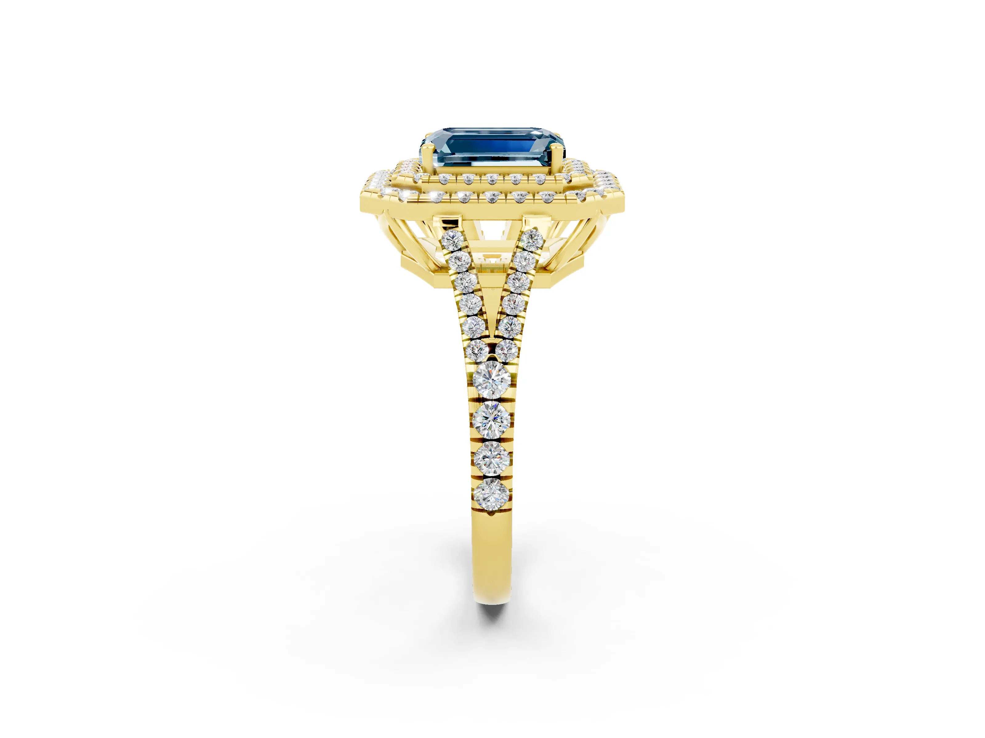 Yellow gold Emerald Cut Aquamarine Double Halo Ring with Pavé Band and Prong Setting_14