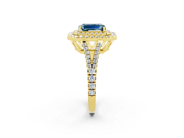 Yellow gold Emerald Cut Aquamarine Double Halo Ring with Pavé Band and Prong Setting