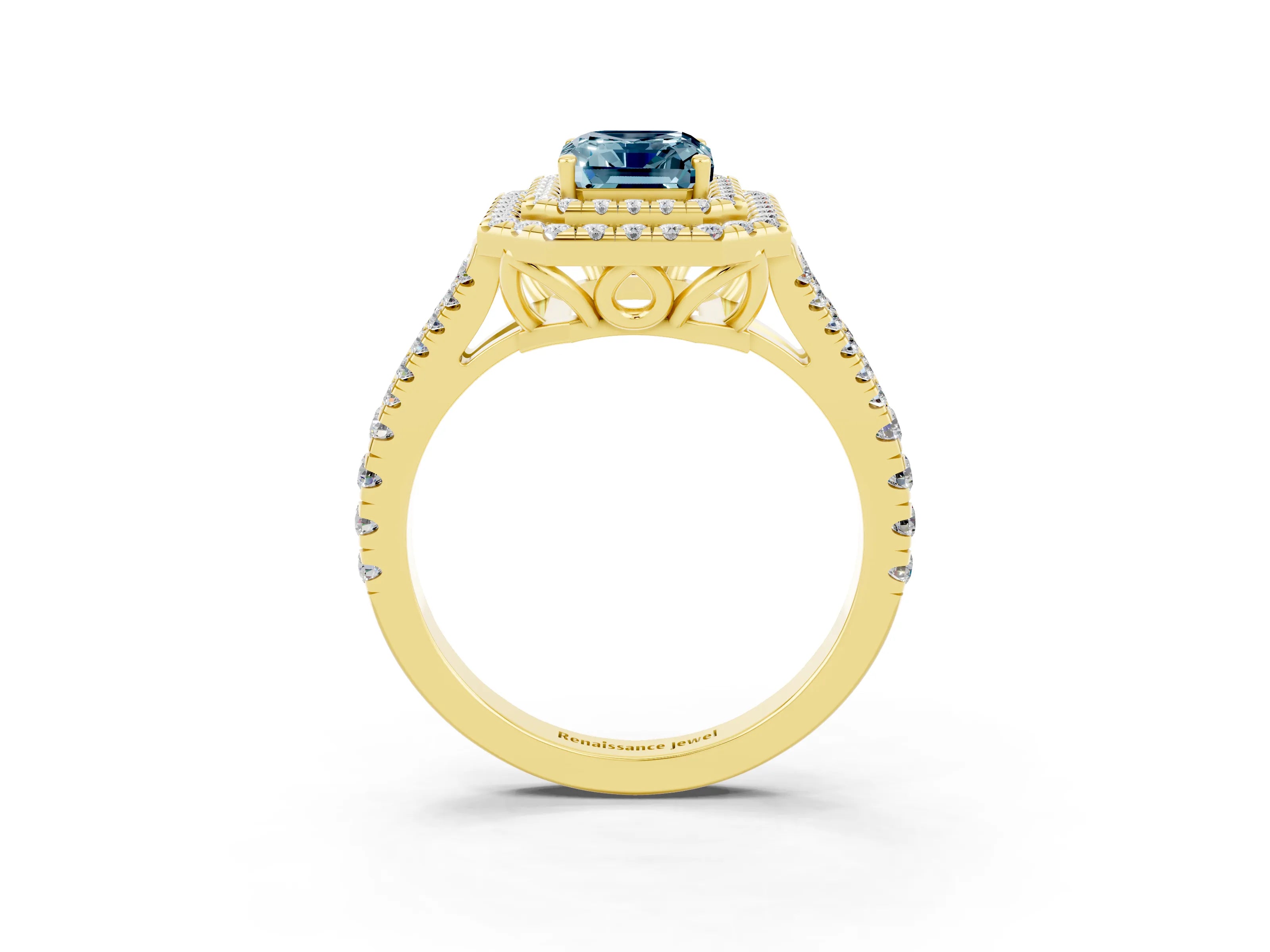 Yellow gold Emerald Cut Aquamarine Double Halo Ring with Pavé Band and Prong Setting_15