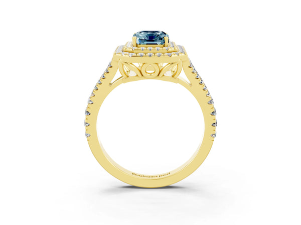 Yellow gold Emerald Cut Aquamarine Double Halo Ring with Pavé Band and Prong Setting