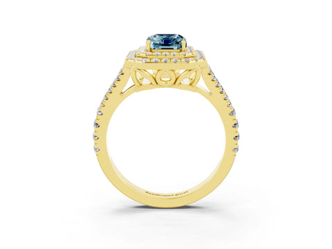 Yellow gold Emerald Cut Aquamarine Double Halo Ring with Pavé Band and Prong Setting_15