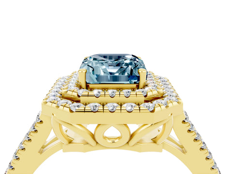 Yellow gold Emerald Cut Aquamarine Double Halo Ring with Pavé Band and Prong Setting_16