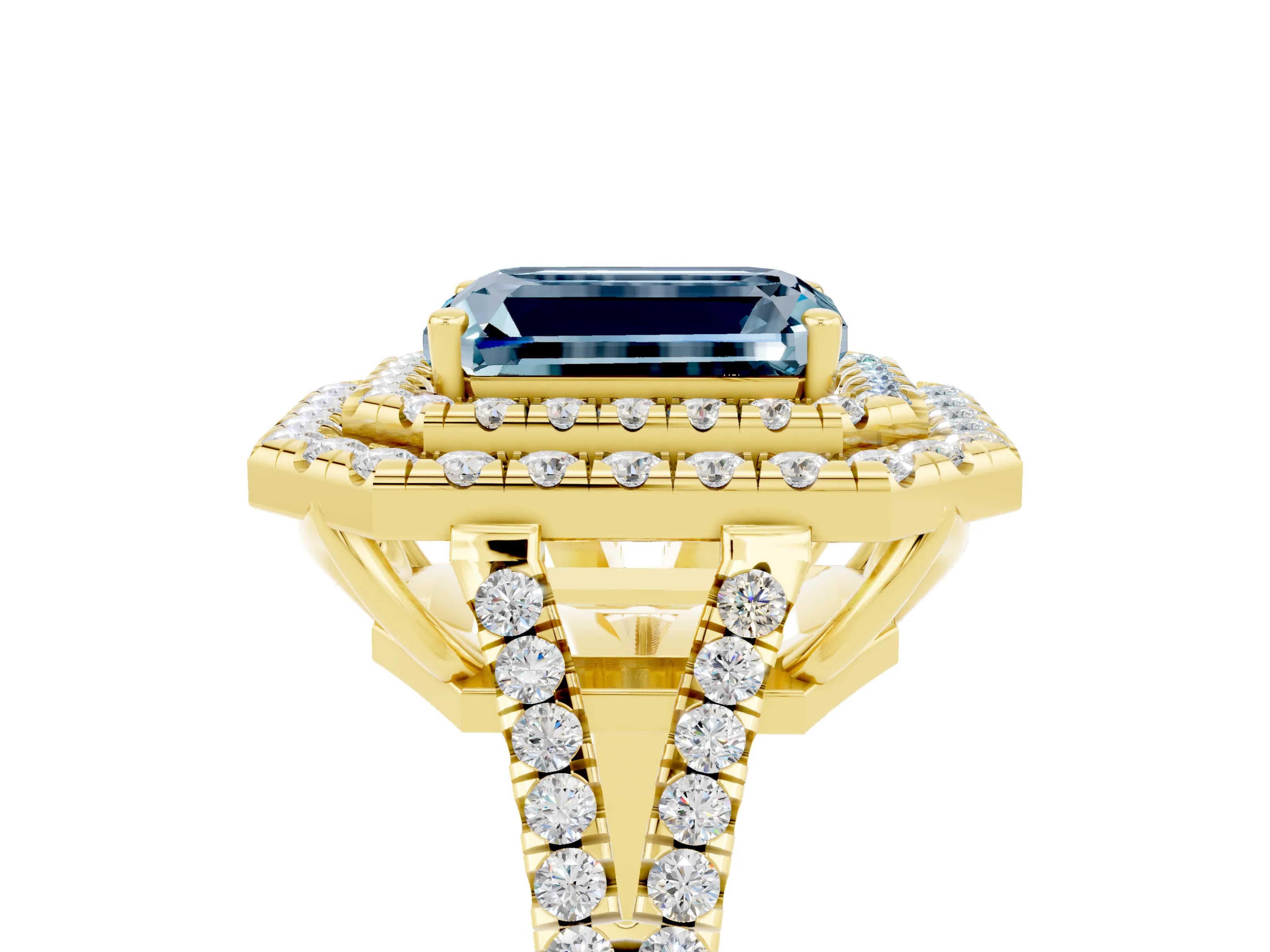 Yellow gold Emerald Cut Aquamarine Double Halo Ring with Pavé Band and Prong Setting_17