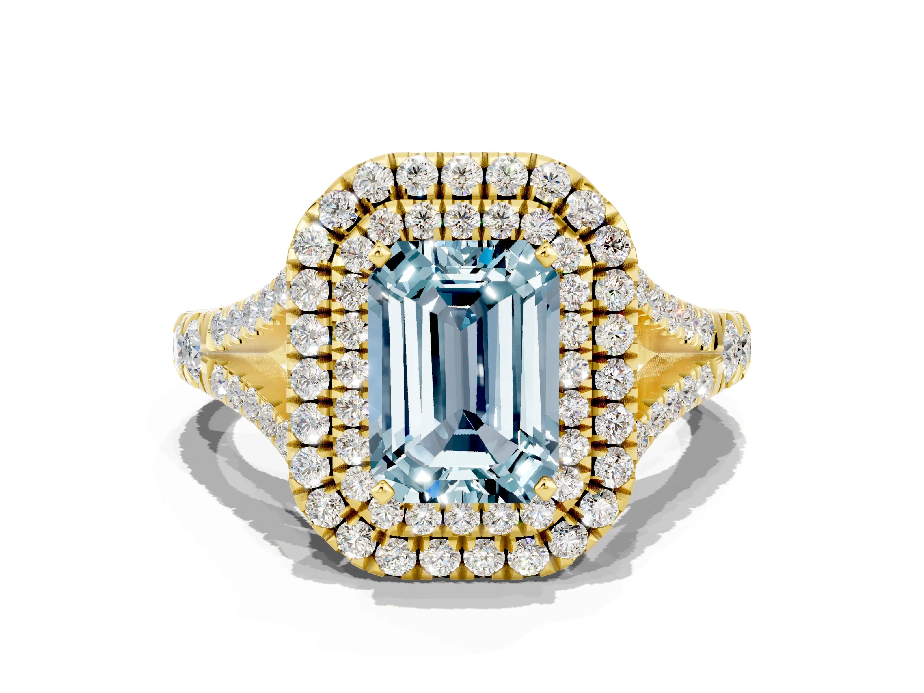 Yellow gold Emerald Cut Aquamarine Double Halo Ring with Split Shank and Prong Setting_12