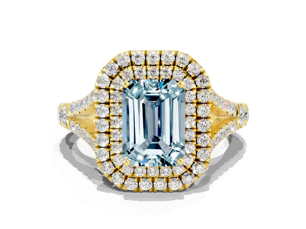 Yellow gold Emerald Cut Aquamarine Double Halo Ring with Split Shank and Prong Setting