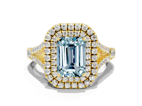 Yellow gold Emerald Cut Aquamarine Double Halo Ring with Split Shank and Prong Setting_12