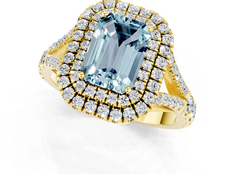 Yellow gold Emerald Cut Aquamarine Double Halo Ring with Split Shank and Prong Setting_13