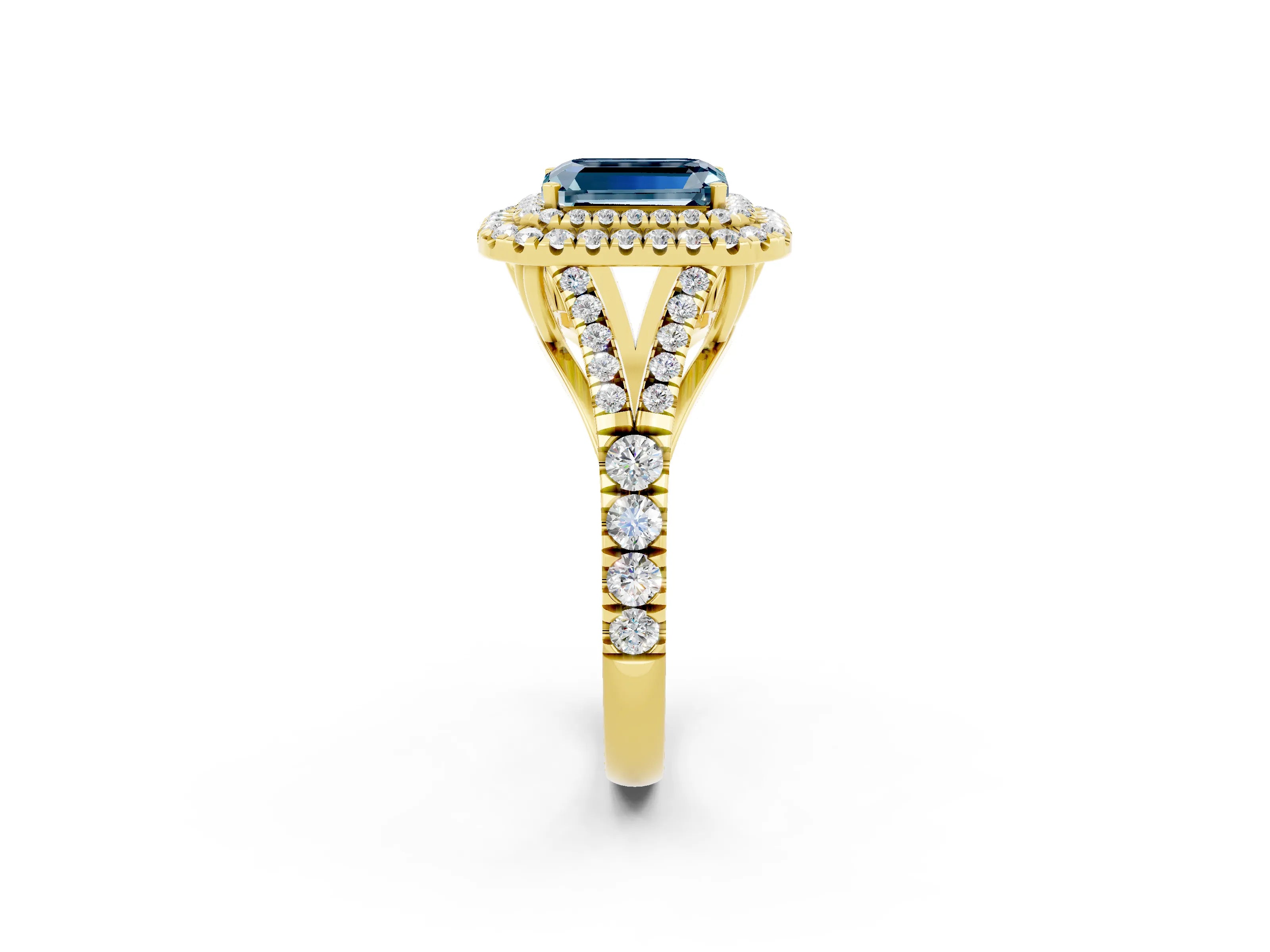 Yellow gold Emerald Cut Aquamarine Double Halo Ring with Split Shank and Prong Setting_14