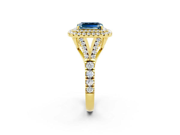 Yellow gold Emerald Cut Aquamarine Double Halo Ring with Split Shank and Prong Setting