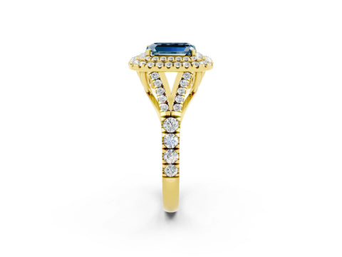 Yellow gold Emerald Cut Aquamarine Double Halo Ring with Split Shank and Prong Setting_14