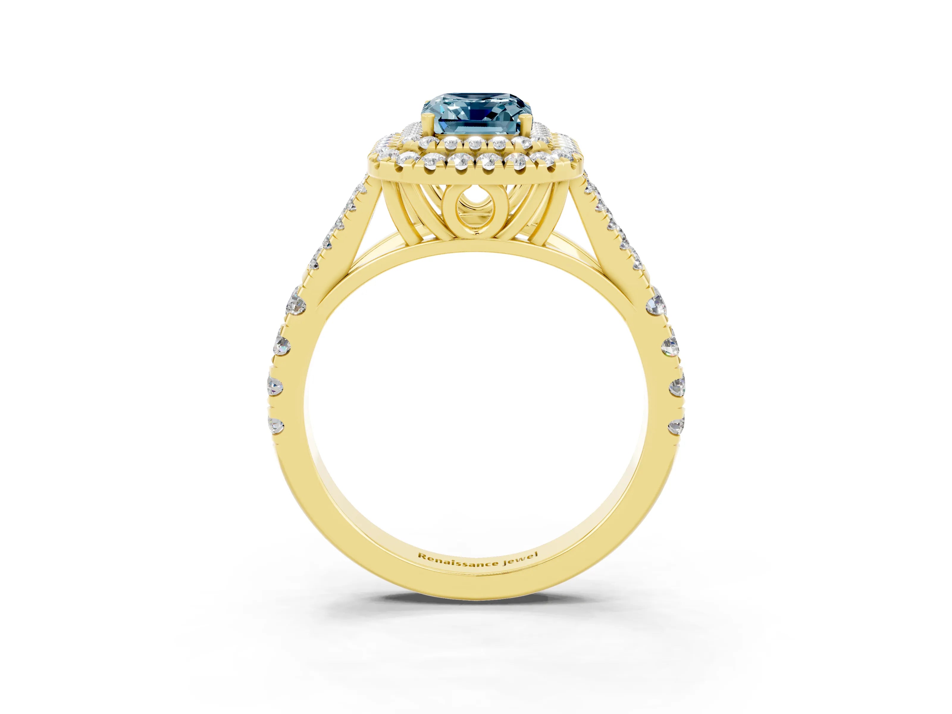 Yellow gold Emerald Cut Aquamarine Double Halo Ring with Split Shank and Prong Setting_15