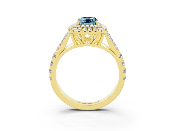 Yellow gold Emerald Cut Aquamarine Double Halo Ring with Split Shank and Prong Setting