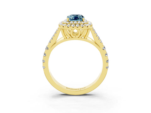 Yellow gold Emerald Cut Aquamarine Double Halo Ring with Split Shank and Prong Setting_15